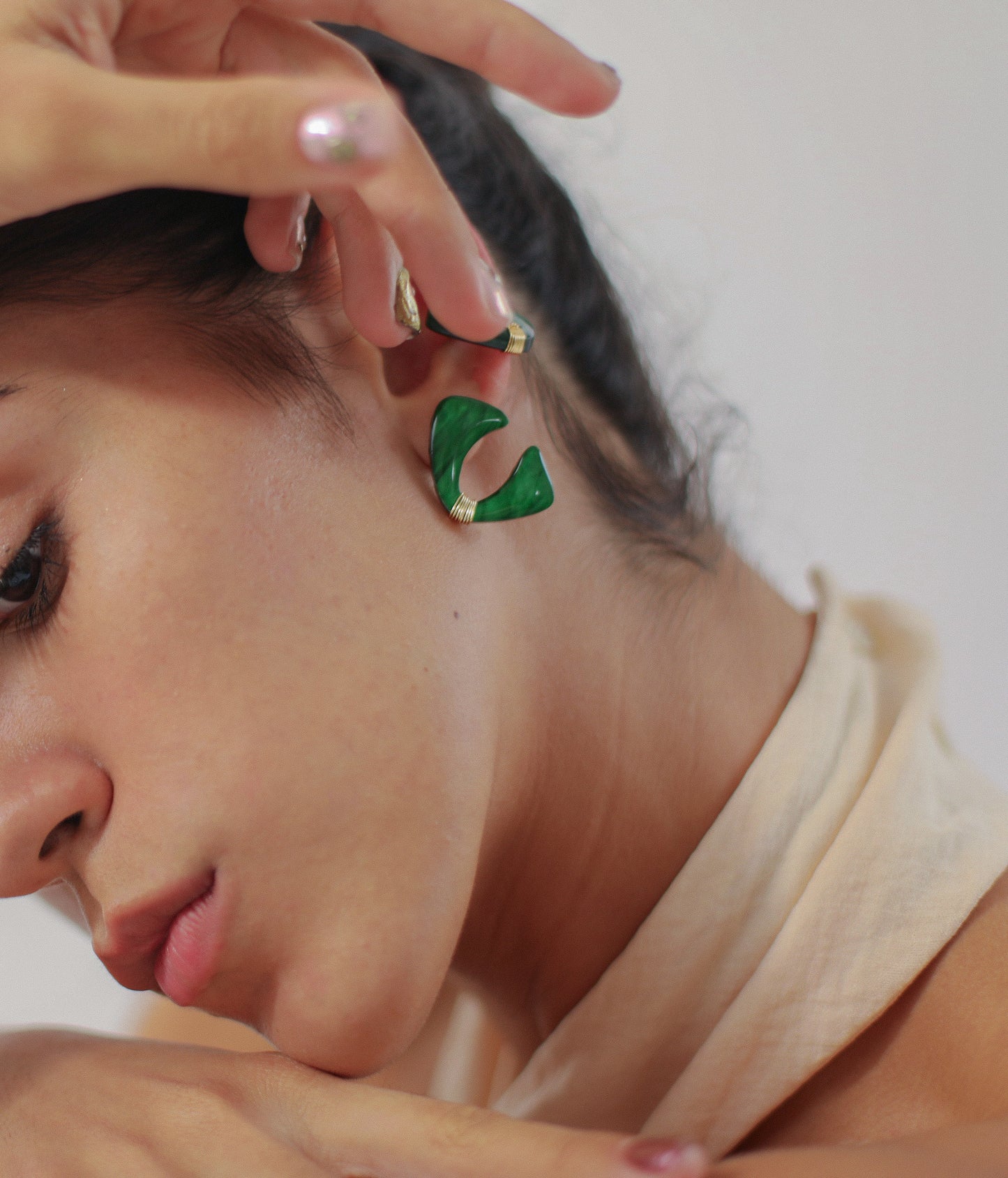 Kolibri Collective Teresita Earrings Mini in vibrant peridot green with non-tarnishing gold wire, lightweight versatile earrings for everyday or formal wear.