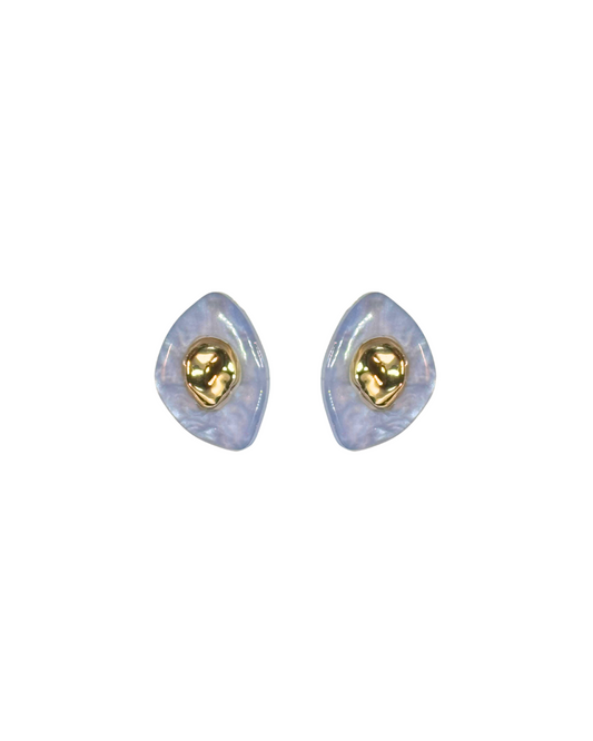 A pair of handmade acrylic mini earrings with a mountain silhouette and 14K gold-plated brass centerpiece. Kolibri Collective.